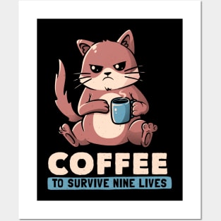 Coffee To Survive Nine Lives Funny Cute Cat Posters and Art